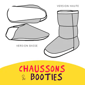 Un croquis en noir et blanc de deux paires de chaussons, bas et bottines.