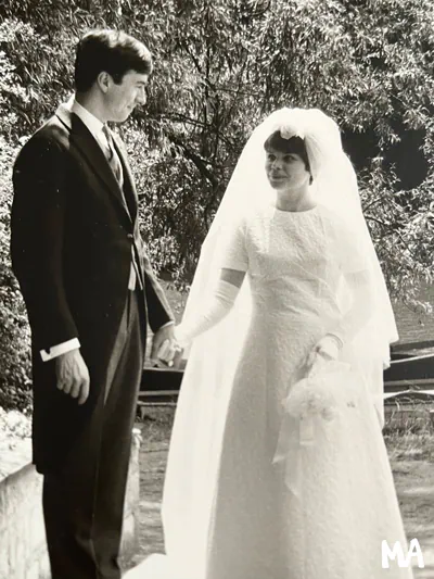 Black and white wedding photo — Marie's parents
